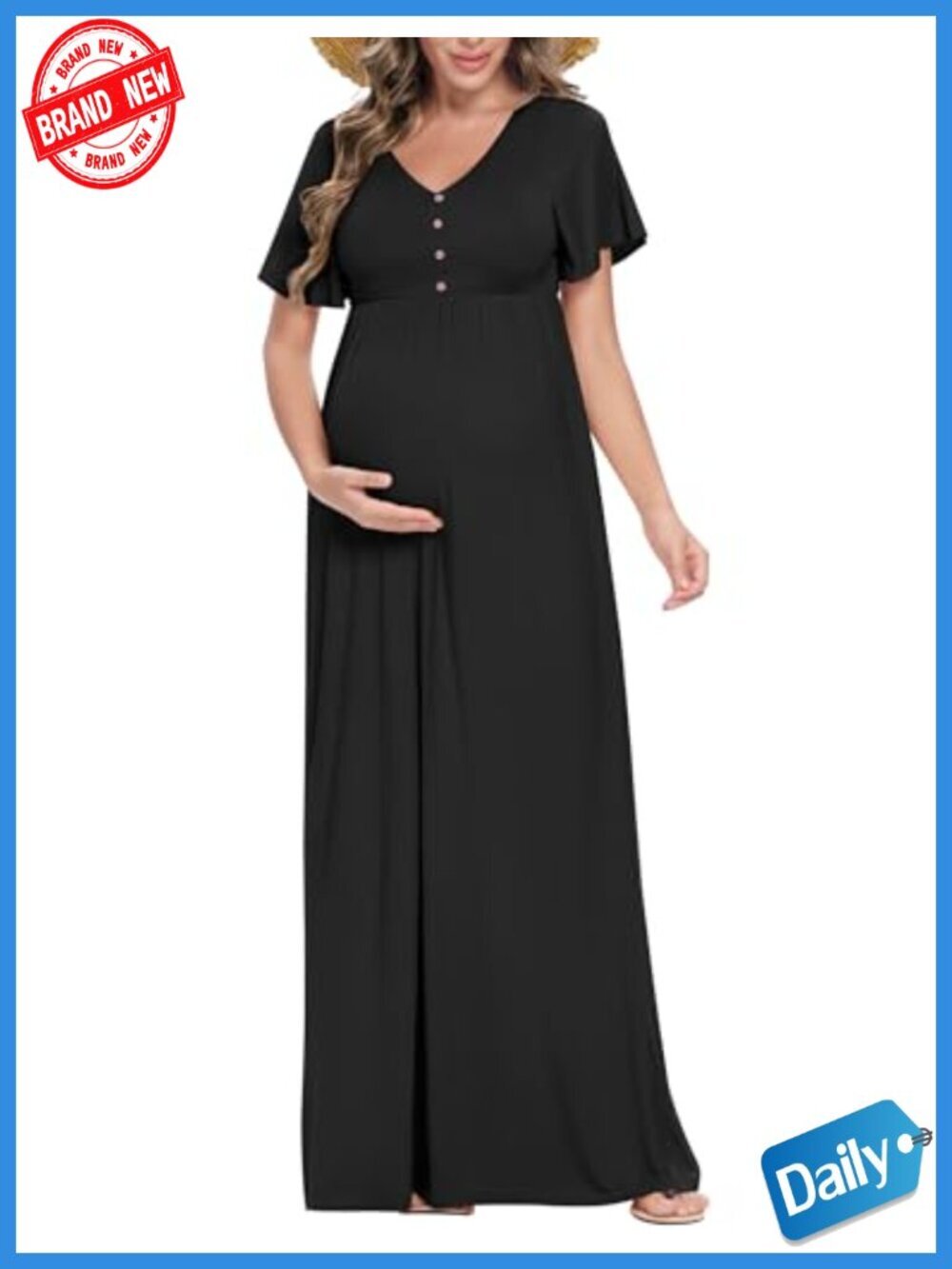 Maternity Maxi Dress with Decorative Buttons, Ruffled Short Sleeves, V-Neck,